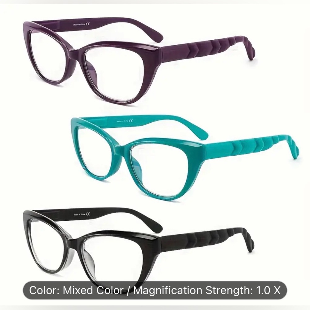 Reading glasses. 1.00. Black, Teal and Purple. Brand new, in box.